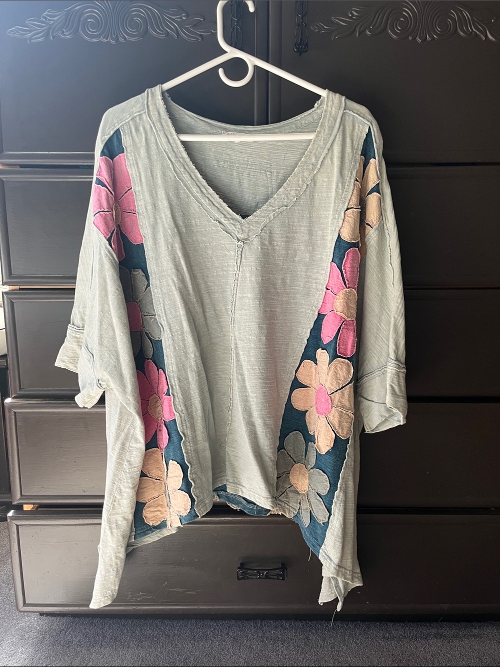 Oli & Hali Sage V-Neck Tunic with Pink and Cream Floral Panels